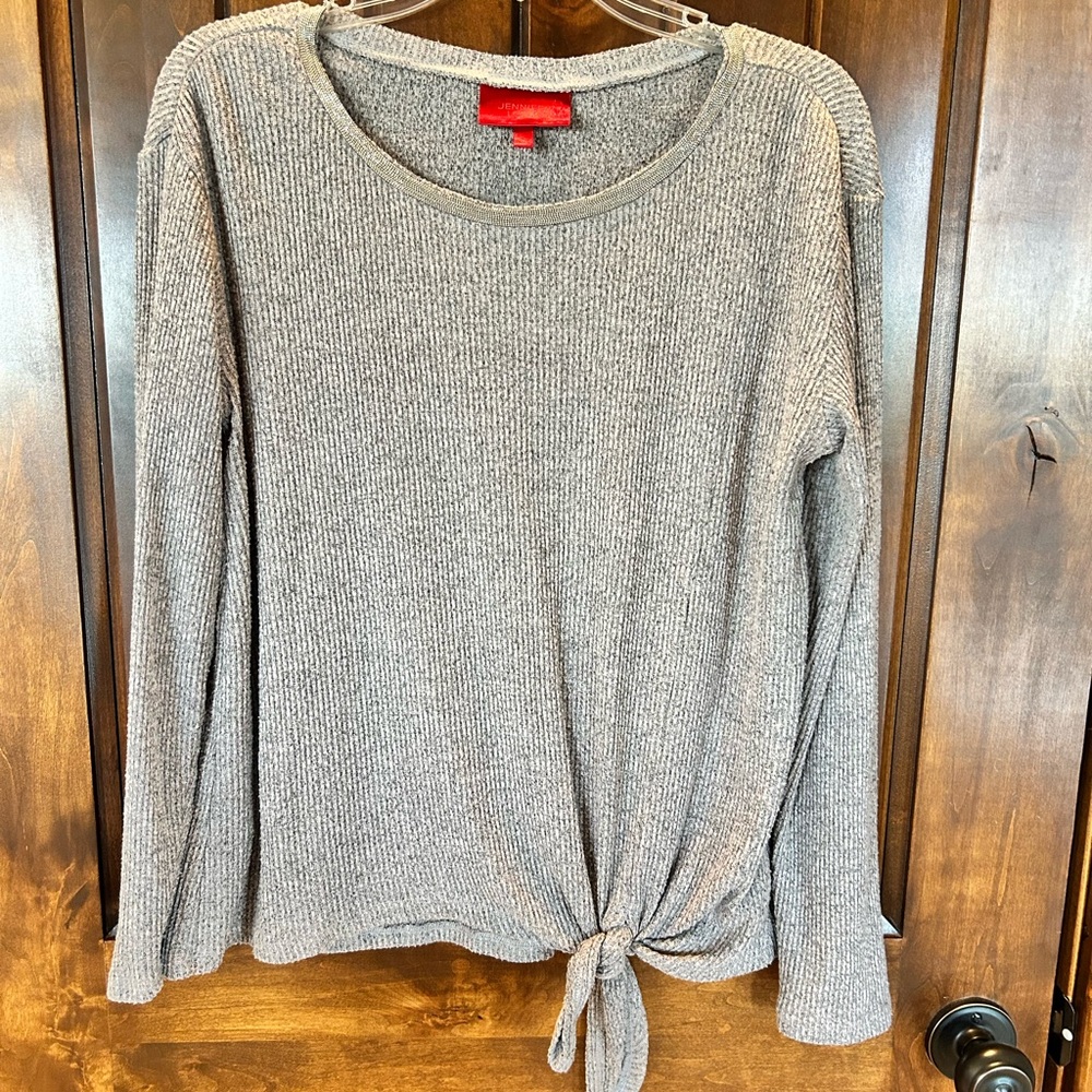 Jennifer Lopez Gray Ribbed Tie-Hem Long Sleeve Top
